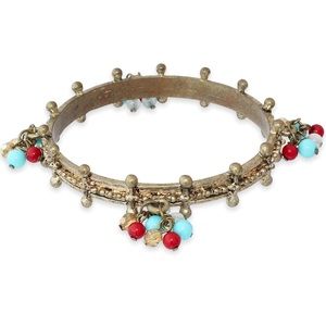 Vintage Bohemian Brass Bangle Bracelet Multicolor Dangle Beads Blue Red Boho